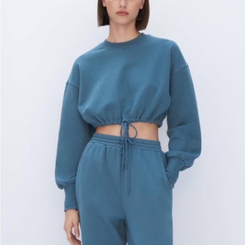 Zara Teal Cropped Drawstring Sweatshirt